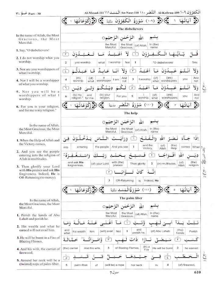 The Glorious Quran with Word for Word Translation in English