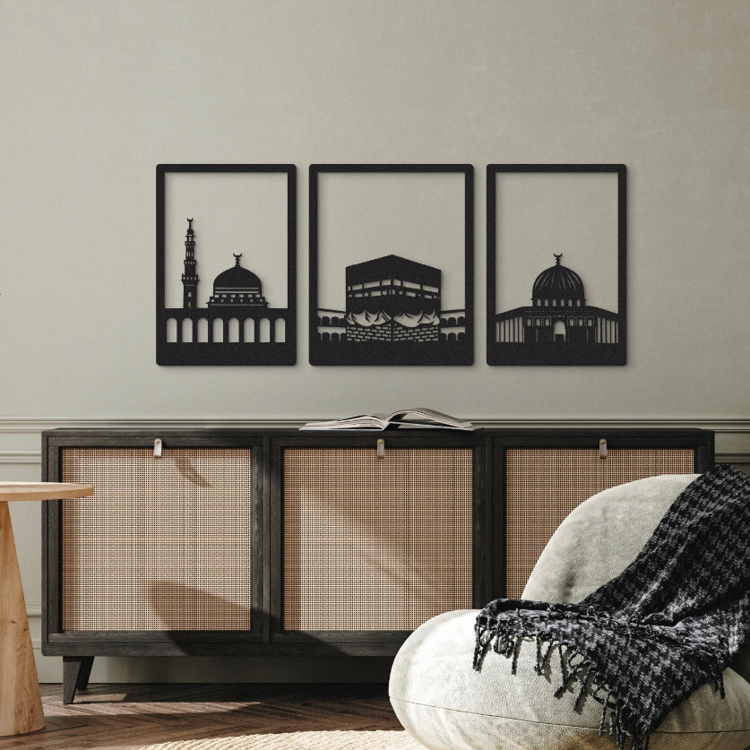 Kaaba, Masjis E Aqsa Metal Wall Art Set of 3