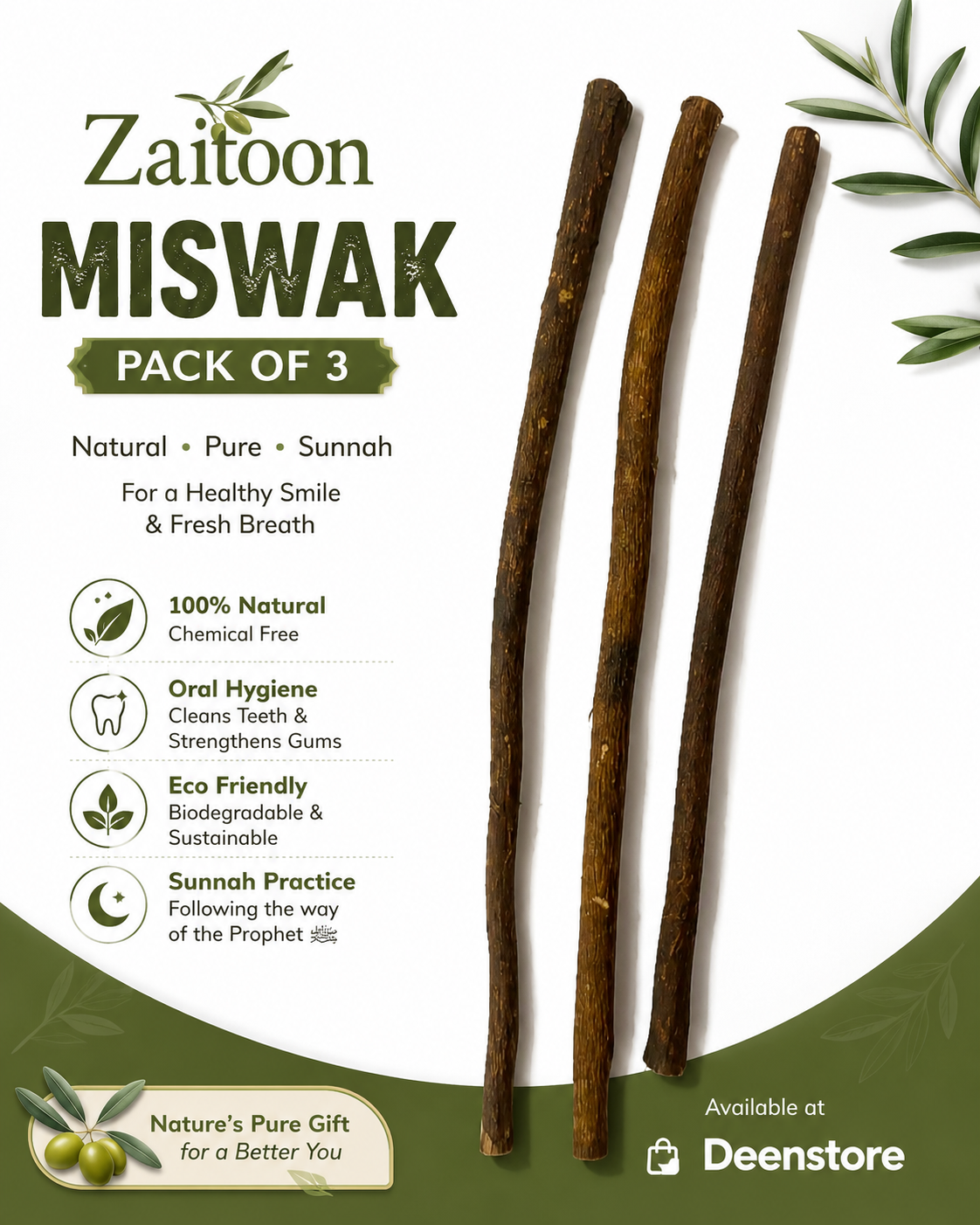Zaitoon Miswak Olive Herbal Miswak | Pack Of 3