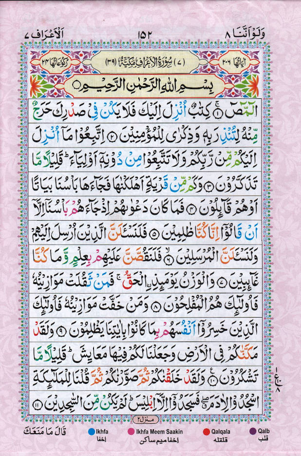 Holy Quran Ref. 123 MEDIUM | Colour Coded Quran with Tajweed Rules and Manzils – (15 Lines per page)