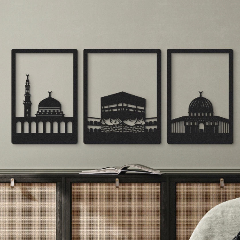 Kaaba, Masjis E Aqsa Metal Wall Art Set of 3